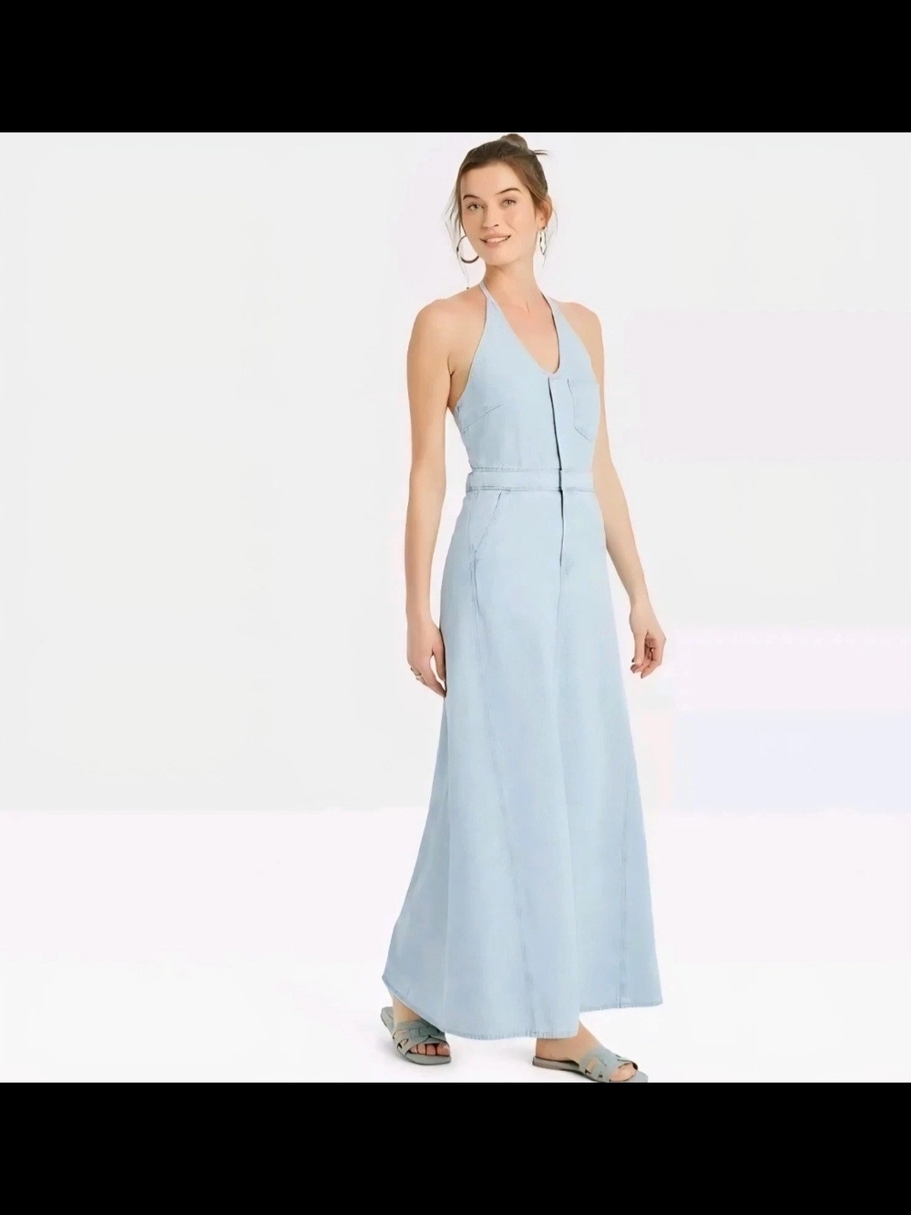 Universal Thread Light Blue Backless Halter Denim Maxi Dress
